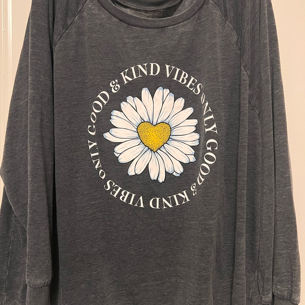 Charcoal Long Sleeve Shirt with Daisy and Heart Graphic